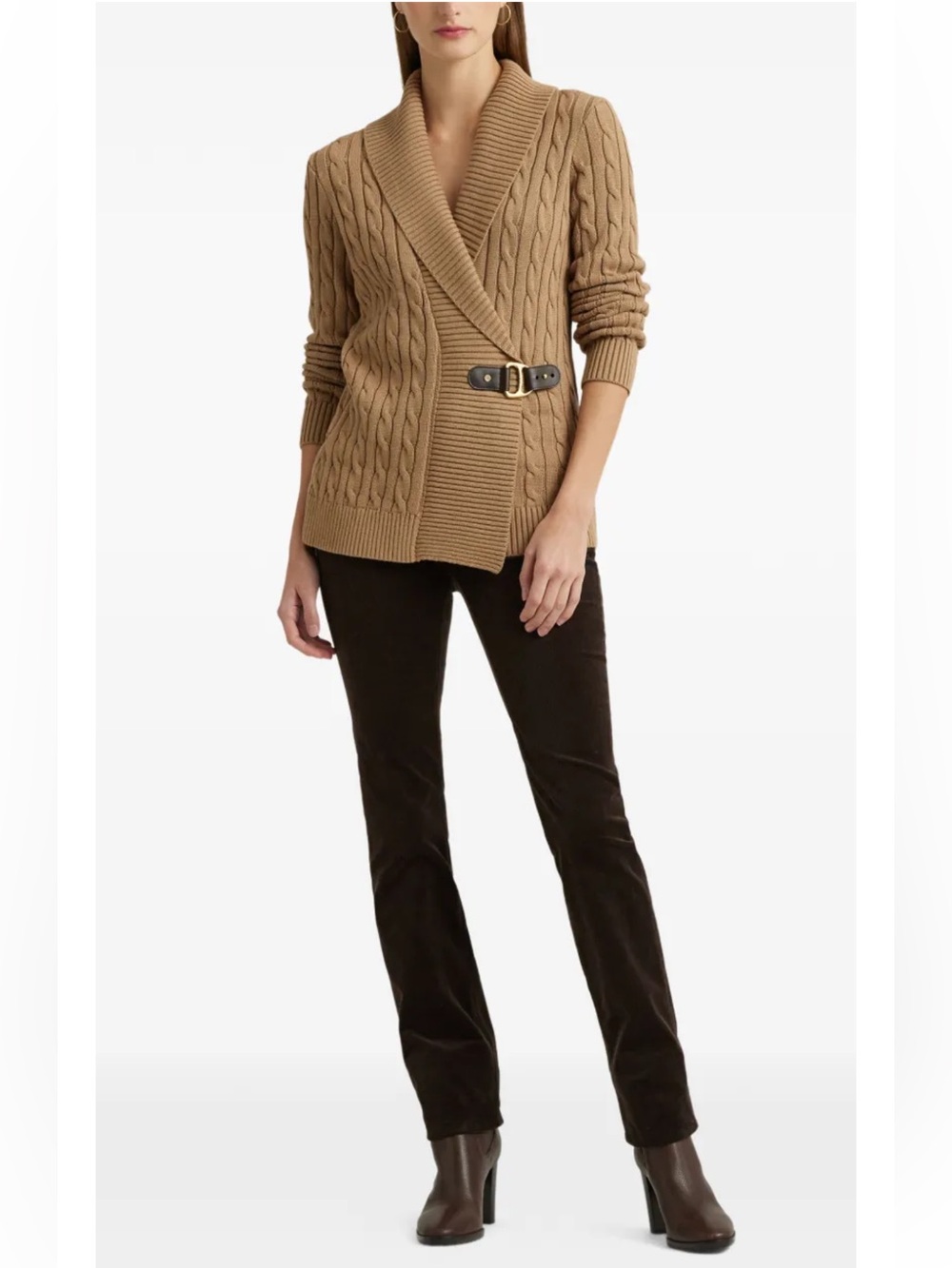 Lauren Ralph Lauren Black label Camel Cable-Knit Wrap Cardigan with Buckle EUC